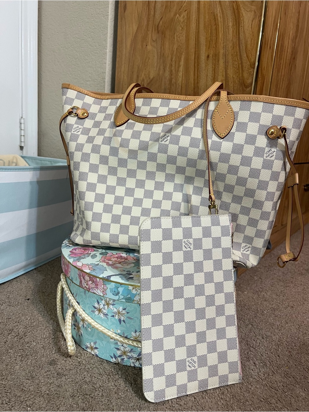 Louis Vuitton Neverfull MM Damier Azur Rose Ballerine Tote w Pochette & Dust Bag